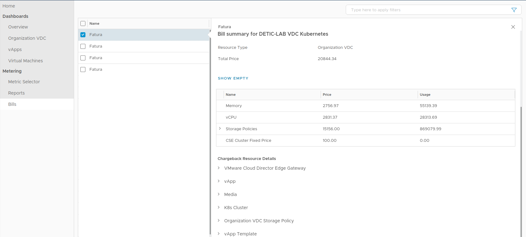 Visão Detalhada da Fatura e Chargeback